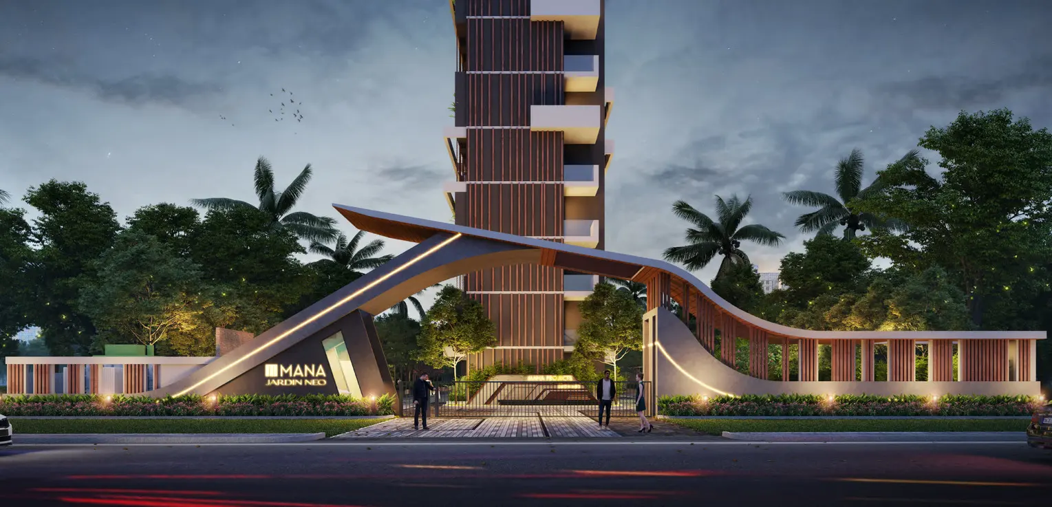 Mana Jardin Neo tower exterior at dusk