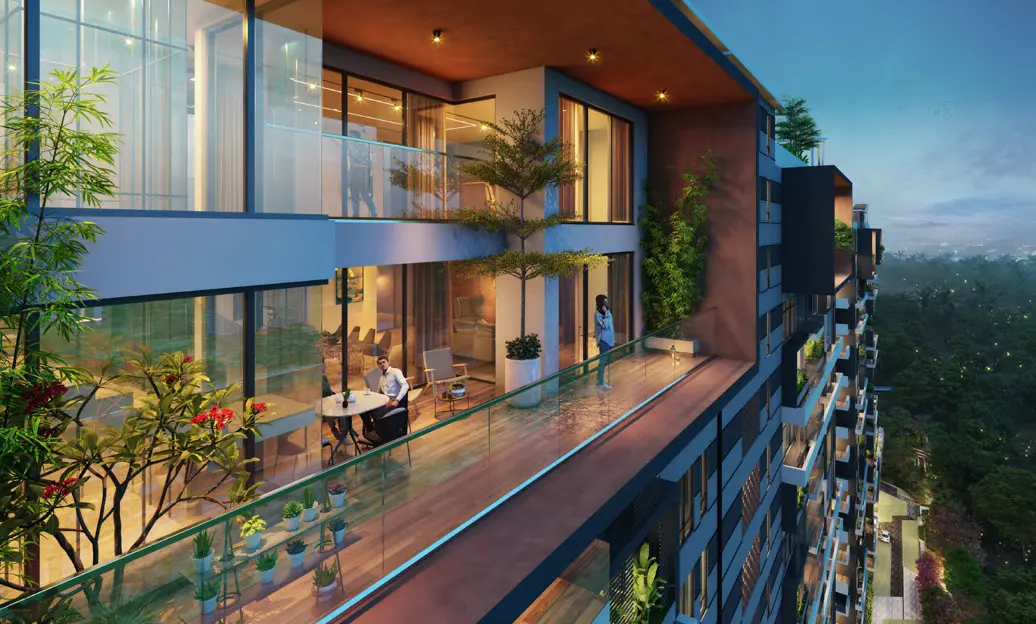 Balcony living space overlooking greenery at Mana Jardin Neo