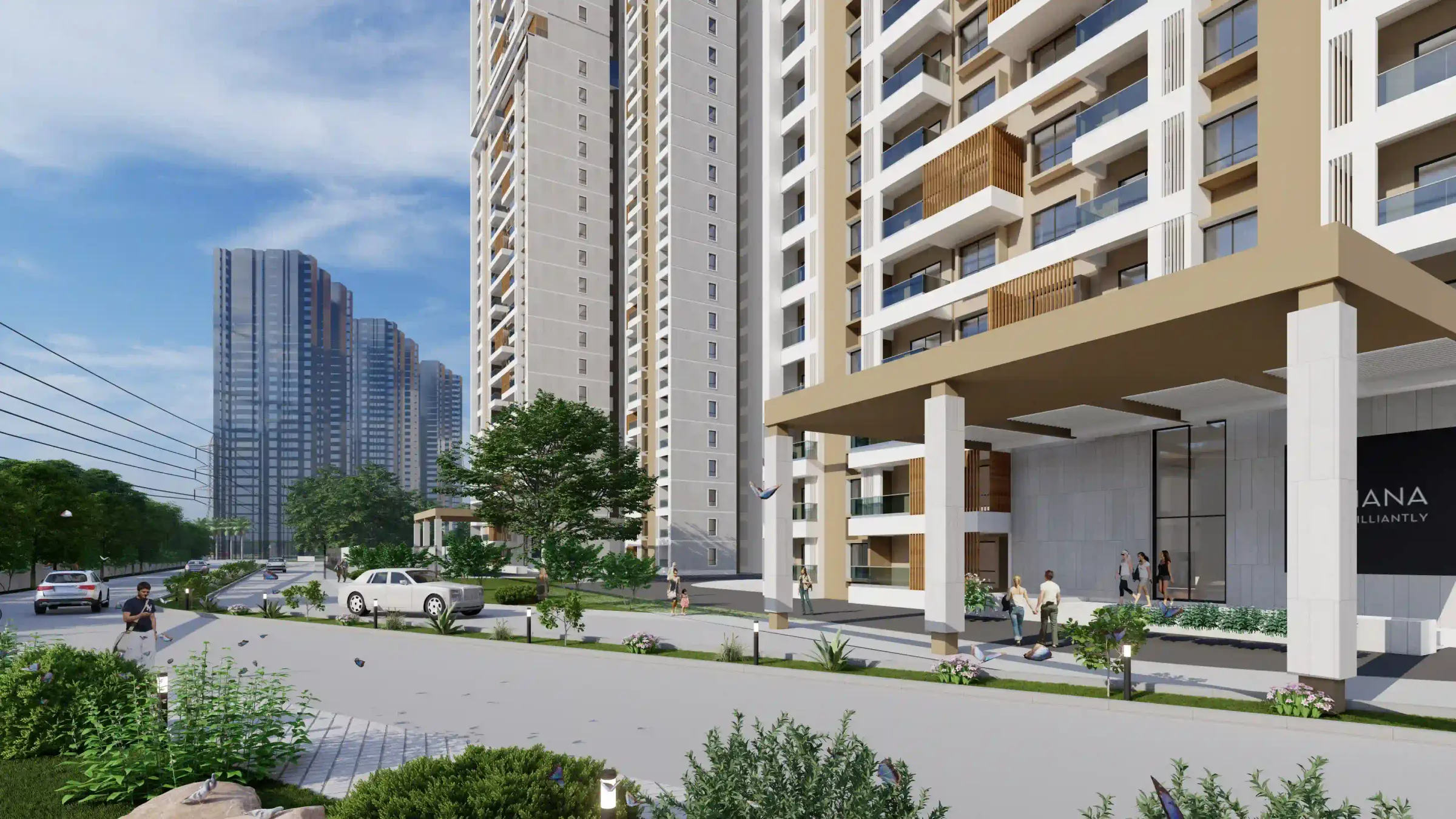 Apartment building exterior, daytime, Mana Skanda