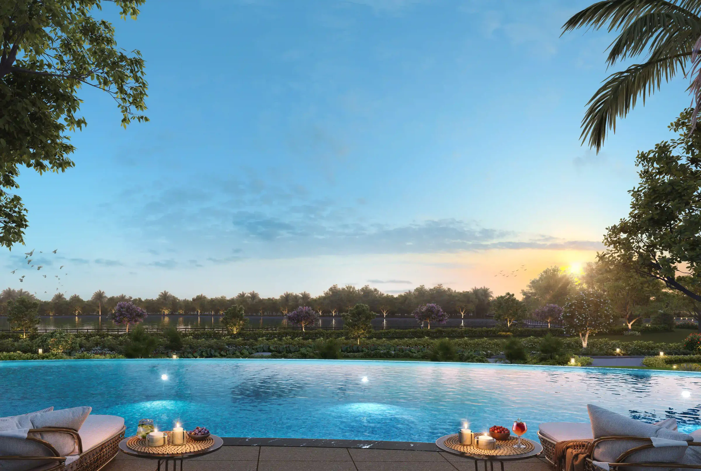 Swimming pool overlooking the lake at Mana Skanda