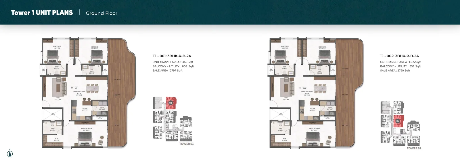 Mana Verdant Terraces, 3 BHK · T1-001 / 002 floor plan