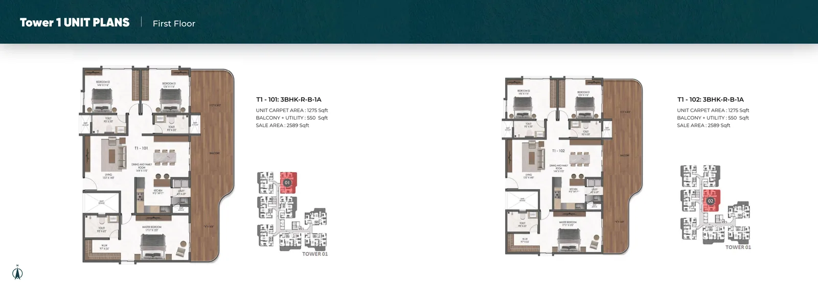 Mana Verdant Terraces, 3 BHK · T1-101 / 102 floor plan