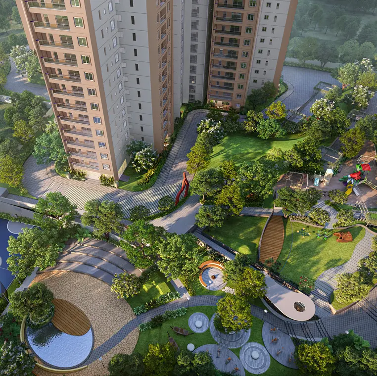 Aerial view of Mana Vista landscaped clubhouse gardens